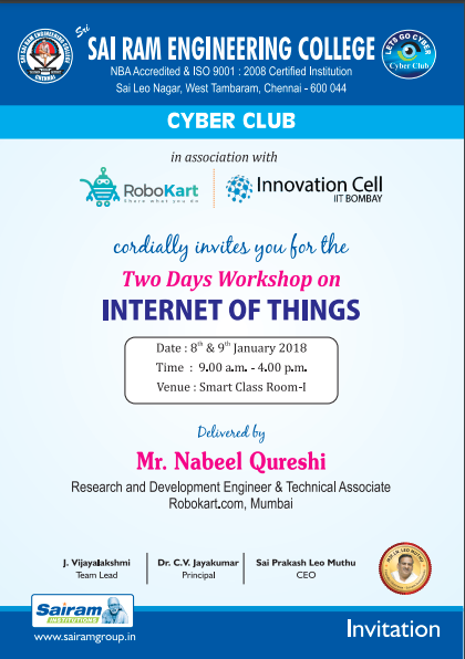 Cyber Club conducts a Two Days Workshop on “Internet of Things” in association with Robokart, Mumbai on 8/1/2018 and 9/1/2018.