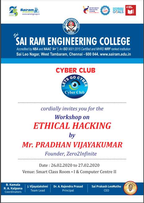 Cyber Club is organizing a Workshop on “Ethical Hacking” from 26.02.2020 to 27.02.2020
