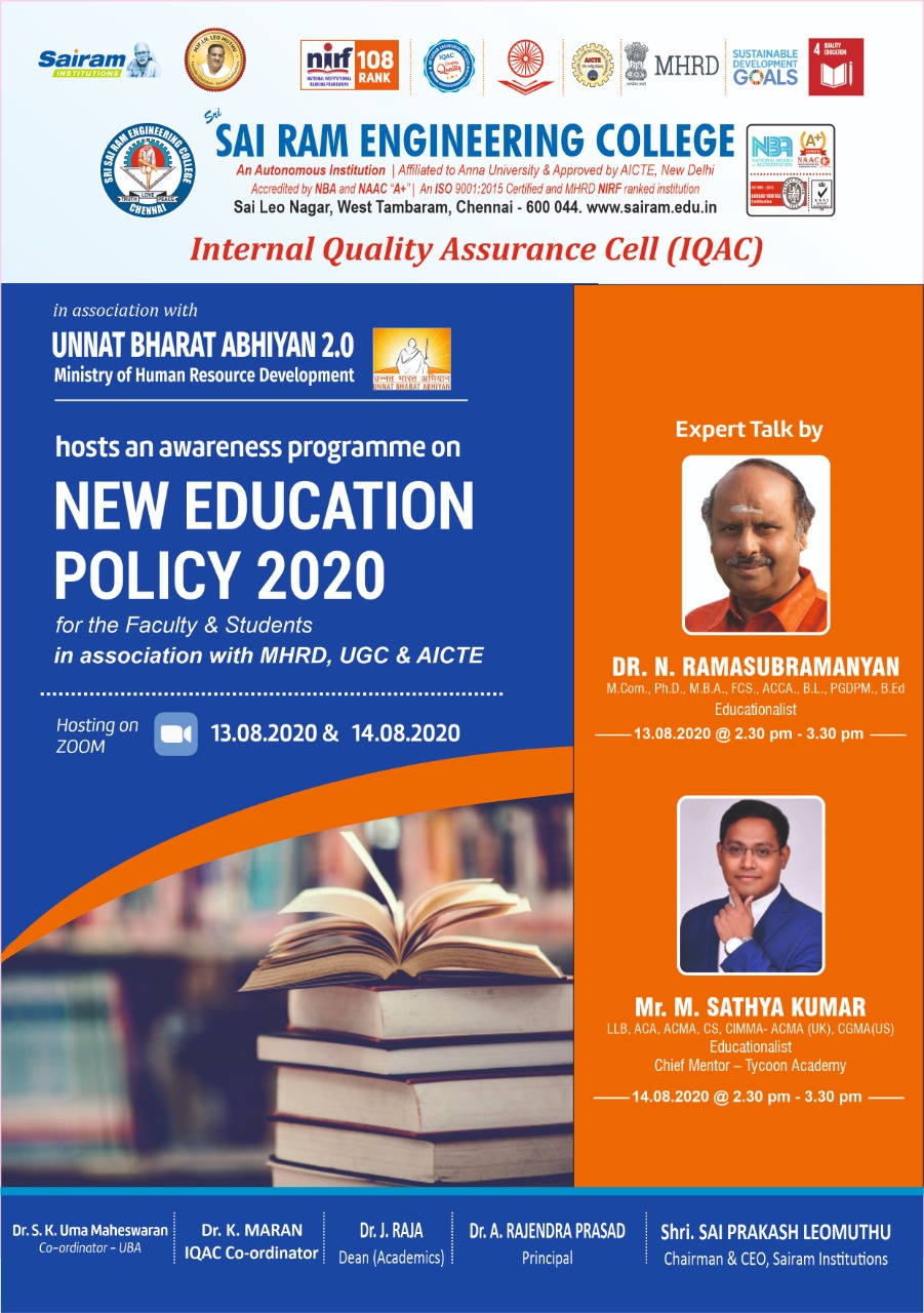 Sri SaiRam Engineering College in association with IQAC organizes Awareness program on New Education Policy 2020 on 13.8.20 and 14.08.20