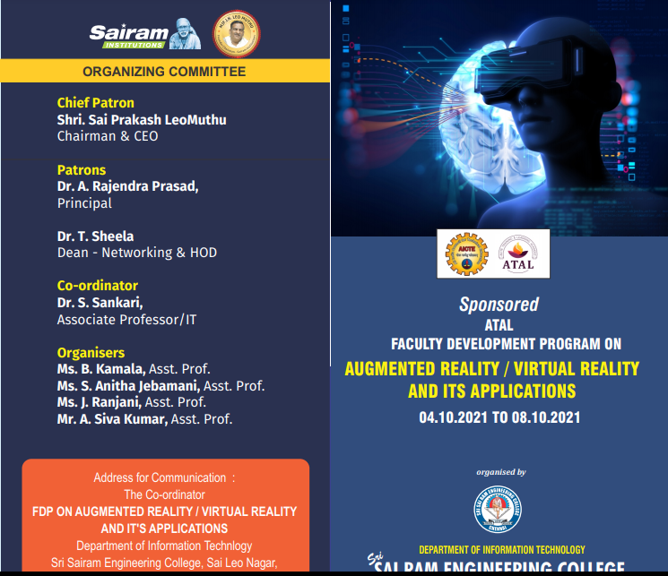 AICTE sponsored ATAL FDP (Online) on  “Augmented/Virtual Reality and its Applications” has been scheduled from 4th to 8th October 2021.