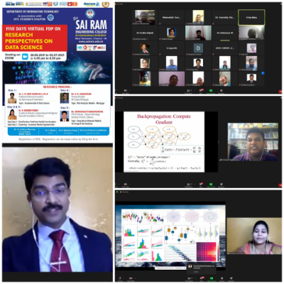 Department of Information Technology in association with ISTE Student Branch Chapter has conducted a 5 Days Virtual FDP on Research Perspectives on Data Science. The event was marked with the presence of expertise resource persons who enlightened the enthusiastic Participants to explore more in the fields of Data Science.