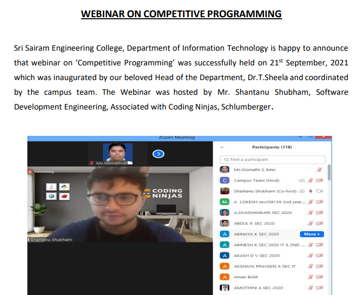 DEPARTMENT OF INFORMATION TECHNOLOGY organized an online webinar on “ COMPETITIVE PROGRAMMING ” by  Mr. Shantanu Shubham  , Software Development Engineering, Associated with Coding Ninjas, Schlumberger on 21.09.21.
