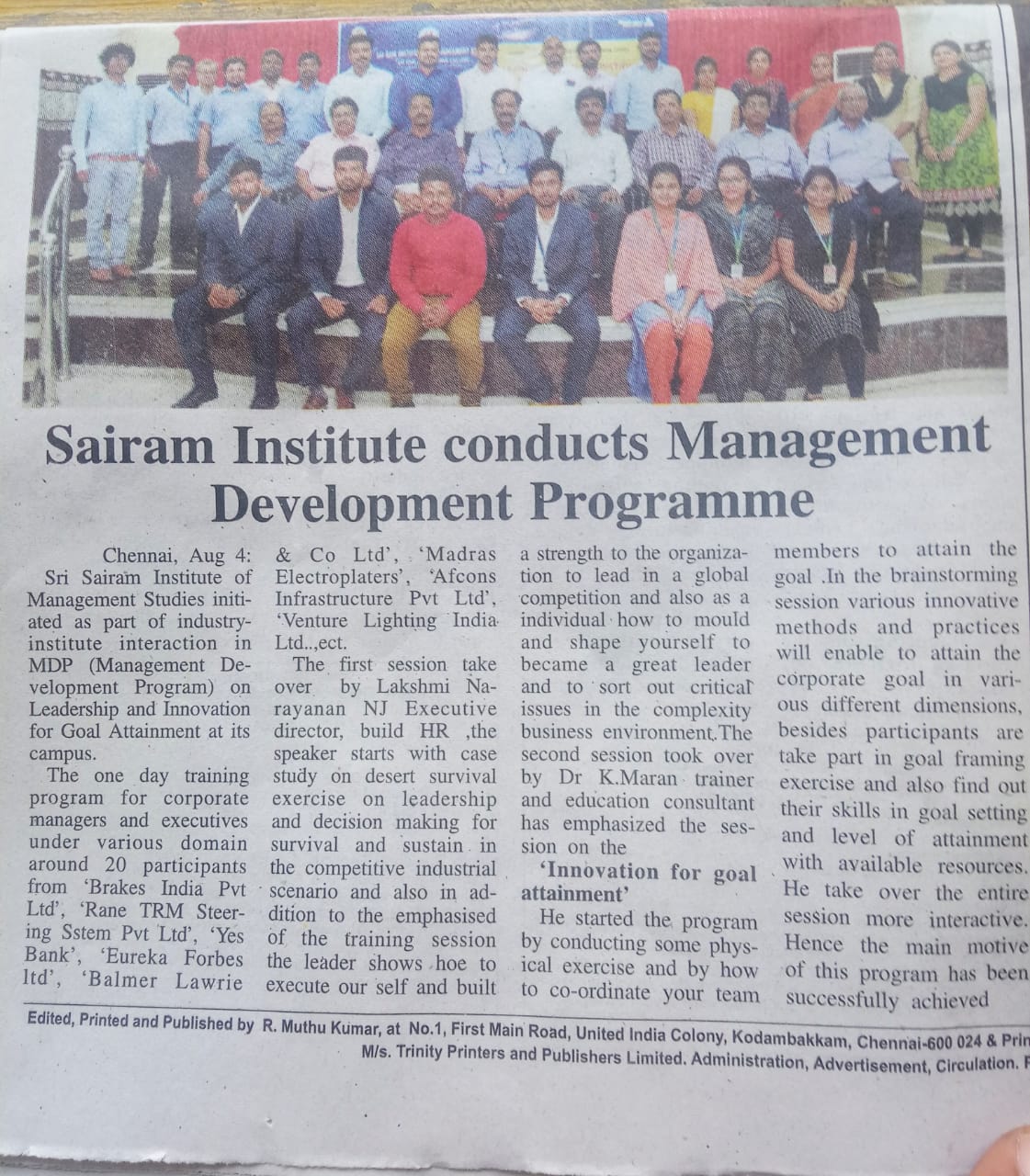 MDP Programme conducted by sairam Institute Of management Studies
