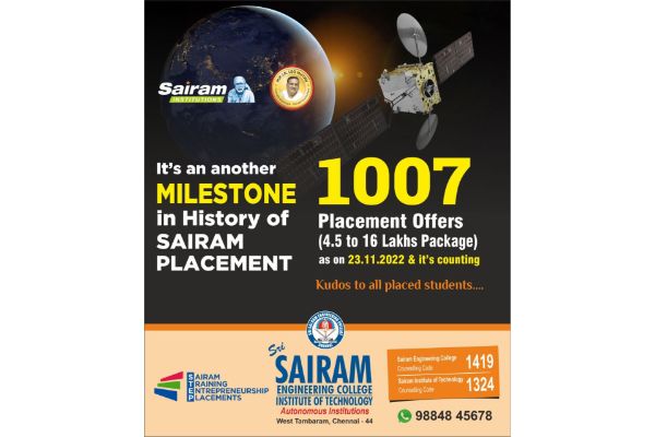 Milestone in history of Sairam Placement-1007 Placement offers