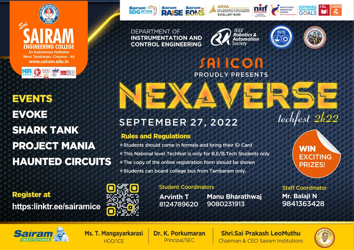 Department of Instrumentation and Control Engineering conducing NEXAVERSE Techfest 2k22 on 27/9/22.