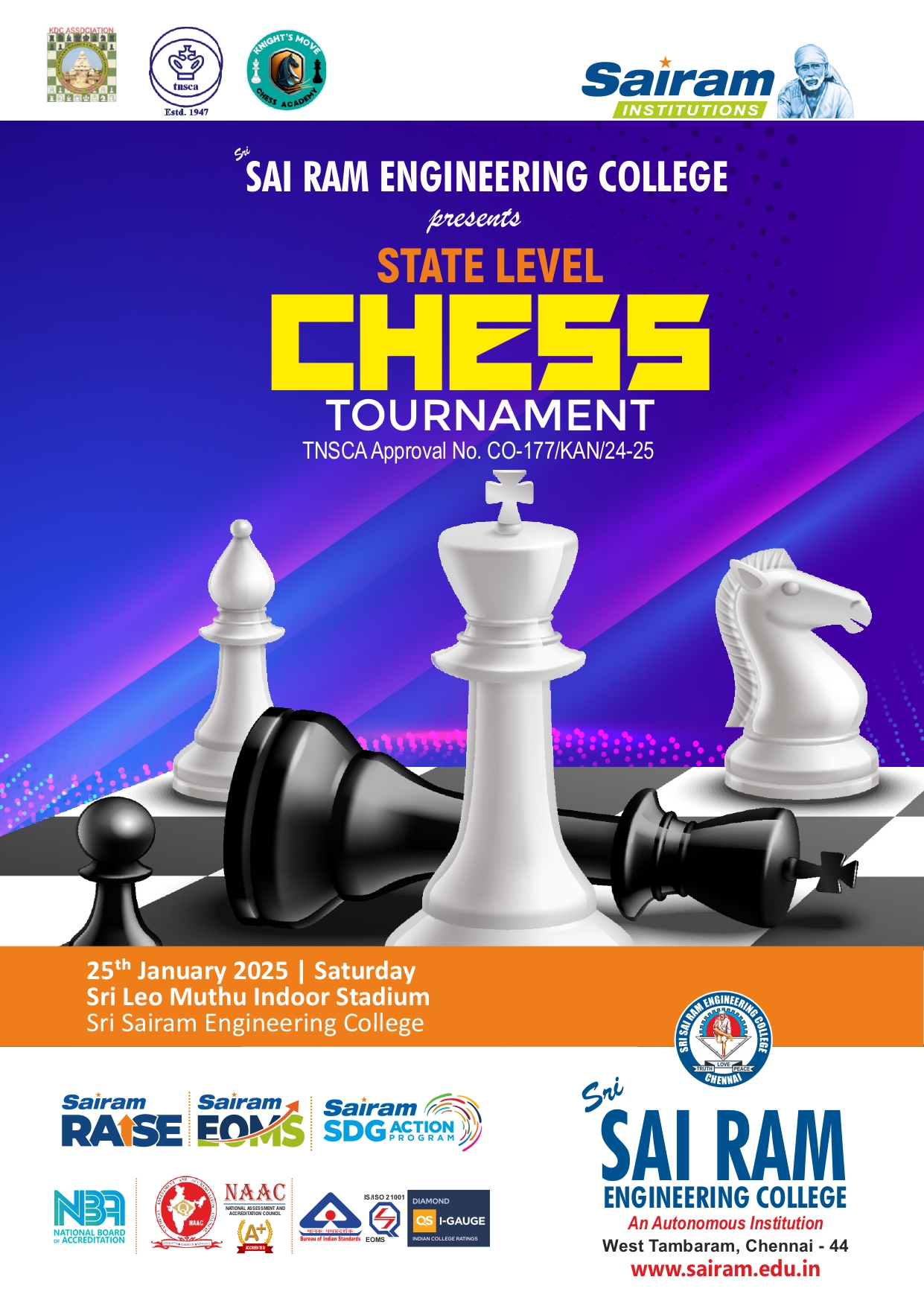 We are excited to announce the State-Level Chess Tournament on 25th January 2025 at the Sri Leo Muthu Indoor Stadium